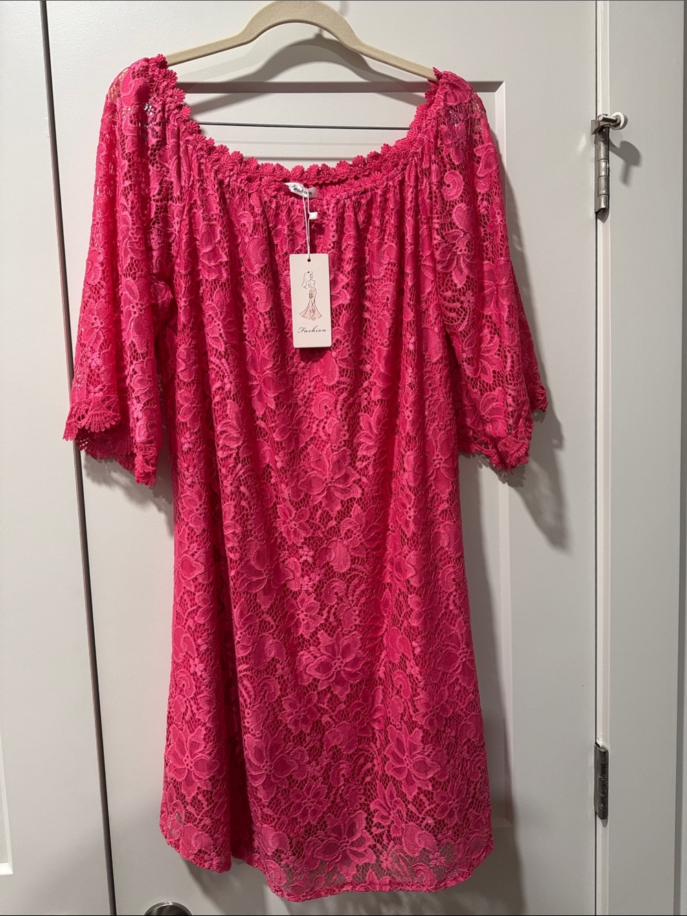 Off-Shoulder Floral Lace Dress - Fuchsia Pink